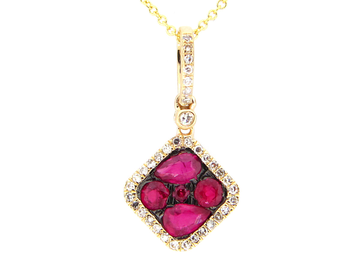 RUBY & DIAMOND CUSHION CORNER DANGLE PENDANT, 14KY (H)