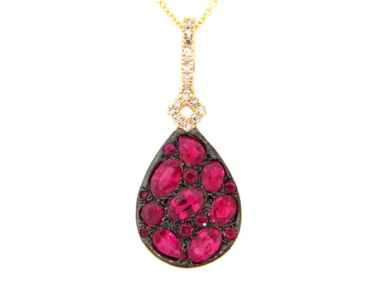 RUBY & DIAMOND PEAR CLUSTER PENDANT, 14KY (H)
