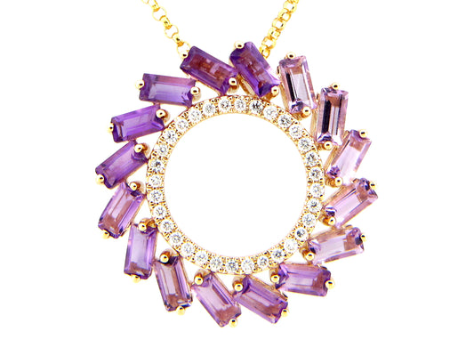 AMETHYST & DIAMOND CIRCLE PENDANT NECKLACE, 18"/17"/16"