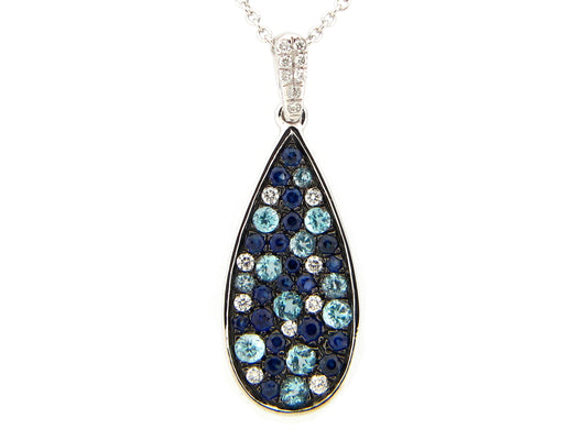 BLUE SAPPHIRE, BLUE TOPAZ & DIAMOND PENDANT, 14KW (H/R)