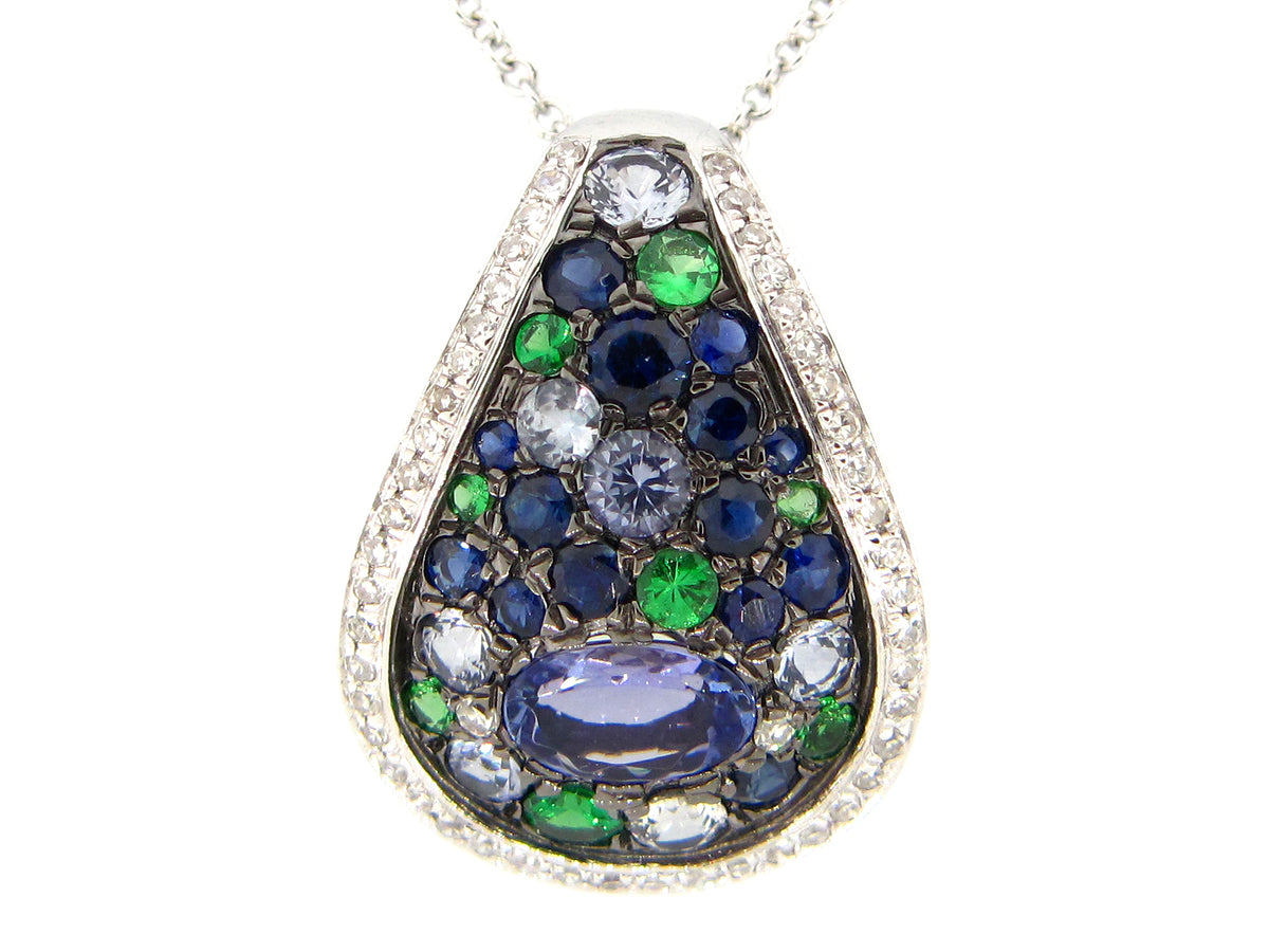 SAPPHIRE, TANZANITE, TSAVORITE AND DIAMOND PENDANT, 14KW (H/N)