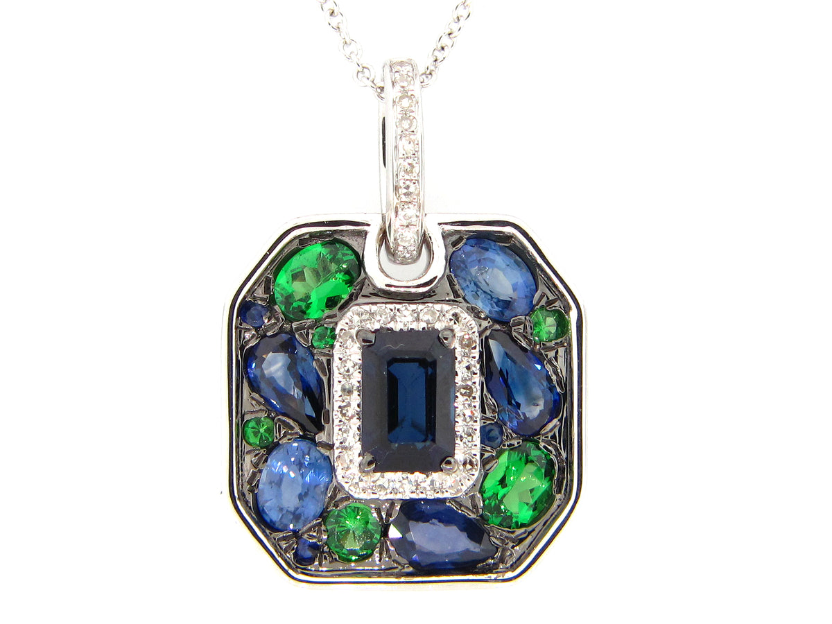 SAPPHIRE, TSAVORITE & DIAMOND PENDANT, 14KW (H/N)