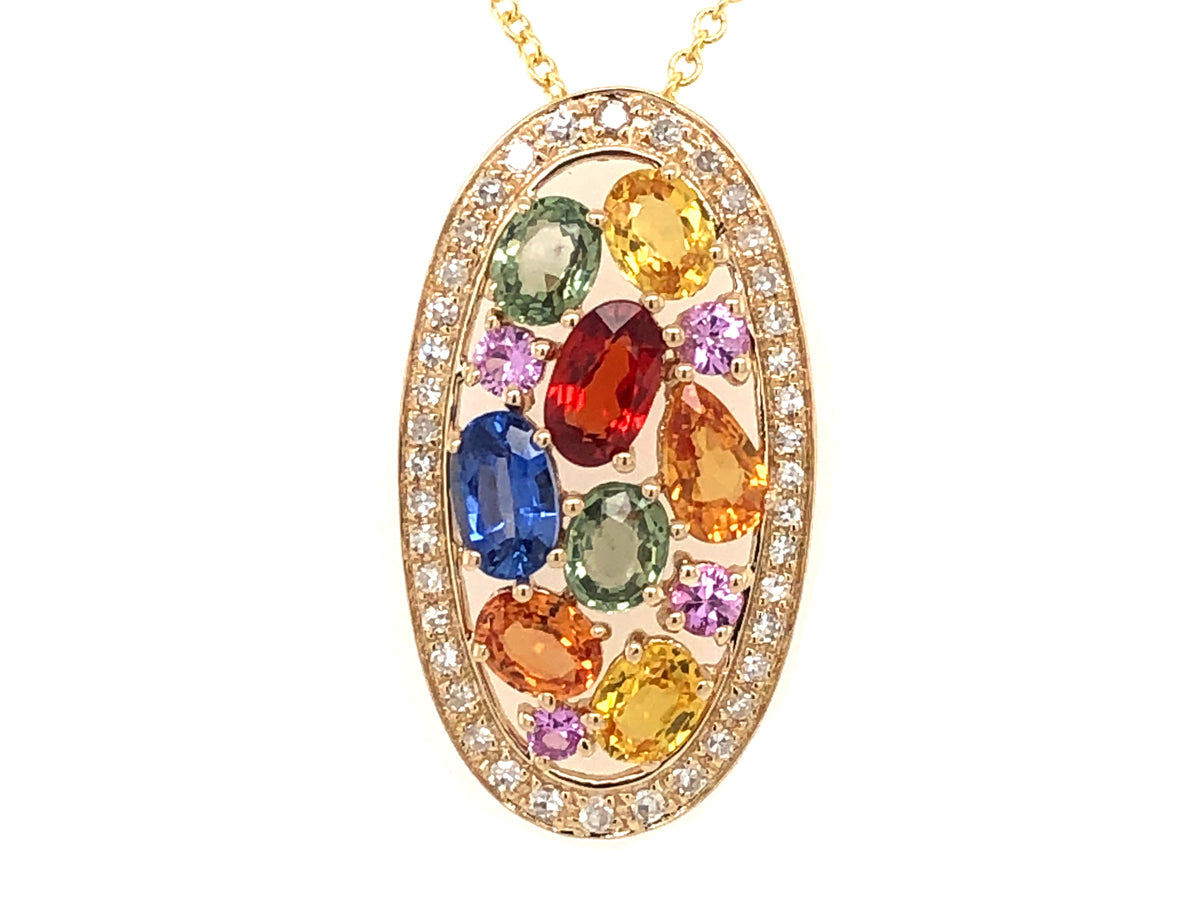 FANCY COLOR SAPPHIRE OVAL CLUSTER & DIAMOND PENDANT,14KY (H/U)