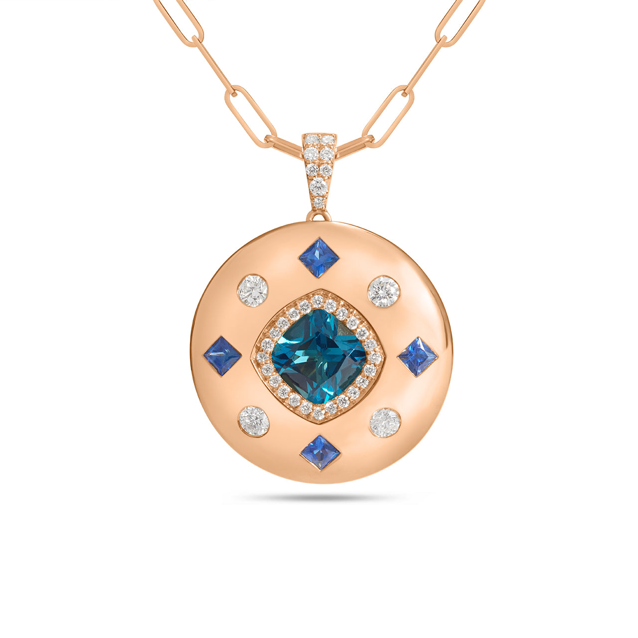 Blue Topaz, Sapphire & Diamond Royal Medallion Necklace