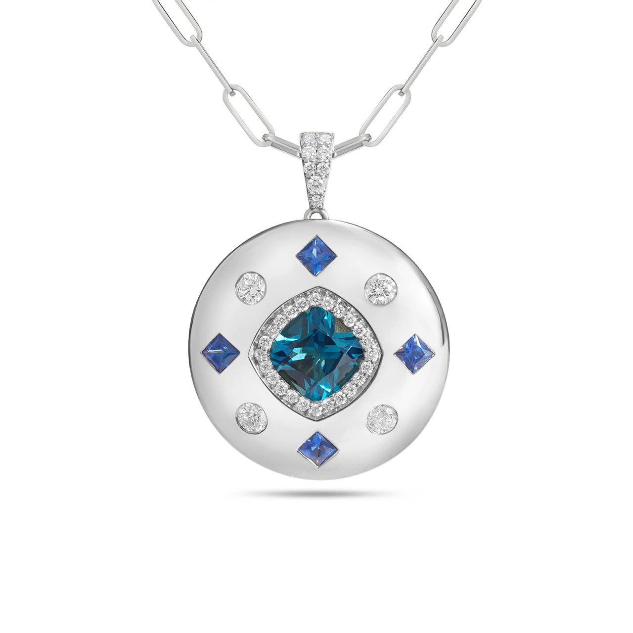 Blue Topaz, Sapphire & Diamond Royal Medallion Necklace