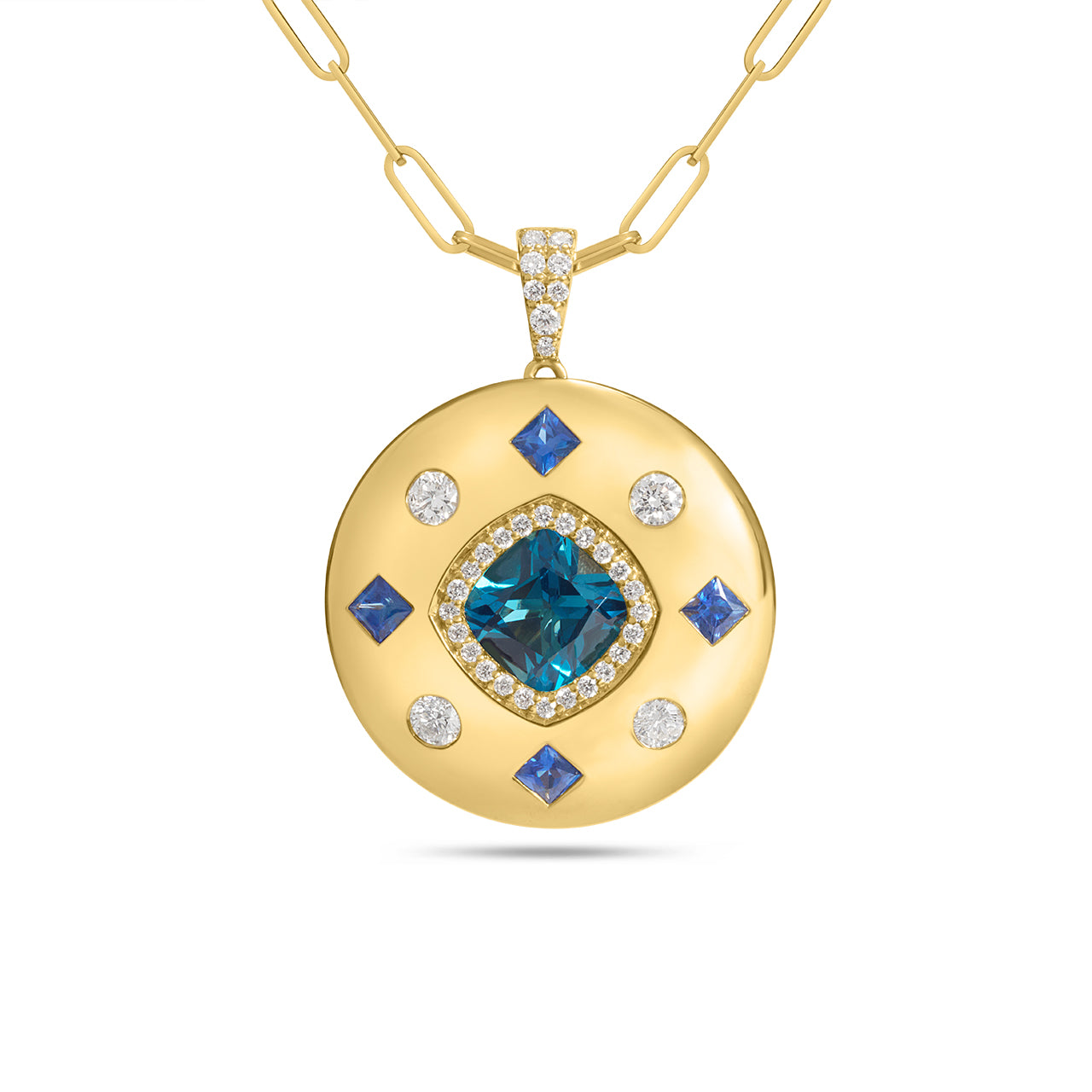 Blue Topaz, Sapphire & Diamond Royal Medallion Necklace