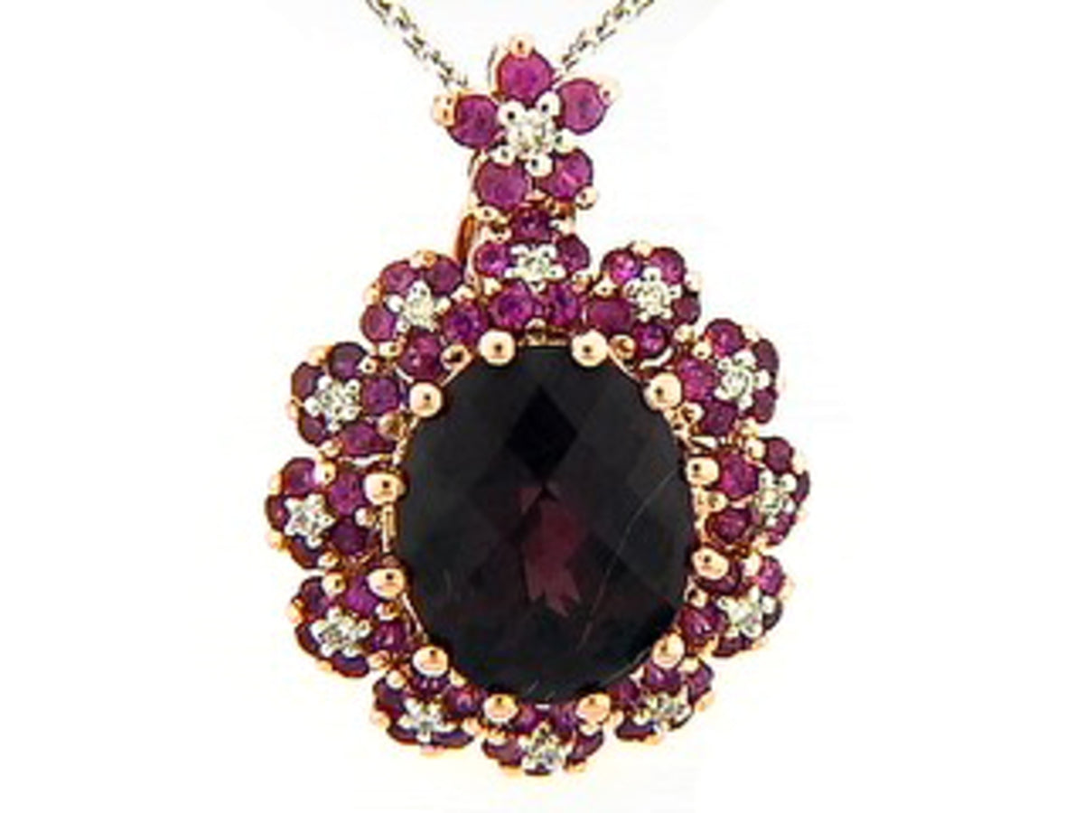 CHB GARNET, PINK SAPPHIRE & DIAMOND PENDANT, 18KR (N/H)