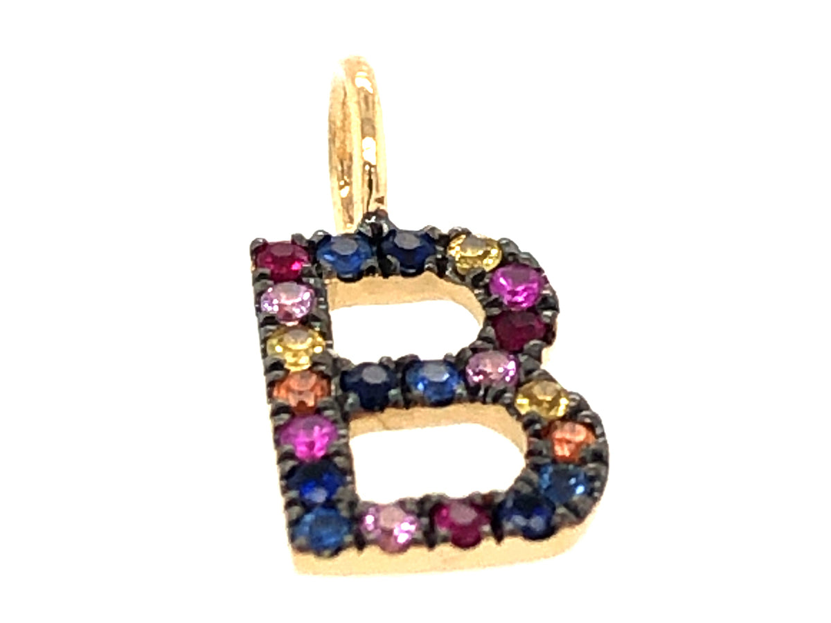 RAINBOW SAPPHIRE LETTER B PENDANT, NO CHAIN, 14KY, BLACK RHODIUM PRONGS (H/U)