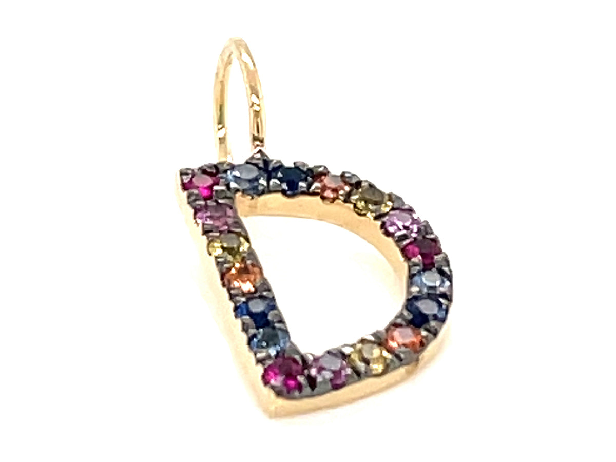 RAINBOW SAPPHIRE LETTER D PENDANT, NO CHAIN, 14KY, BLACK RHODIUM PRONGS (H/U)