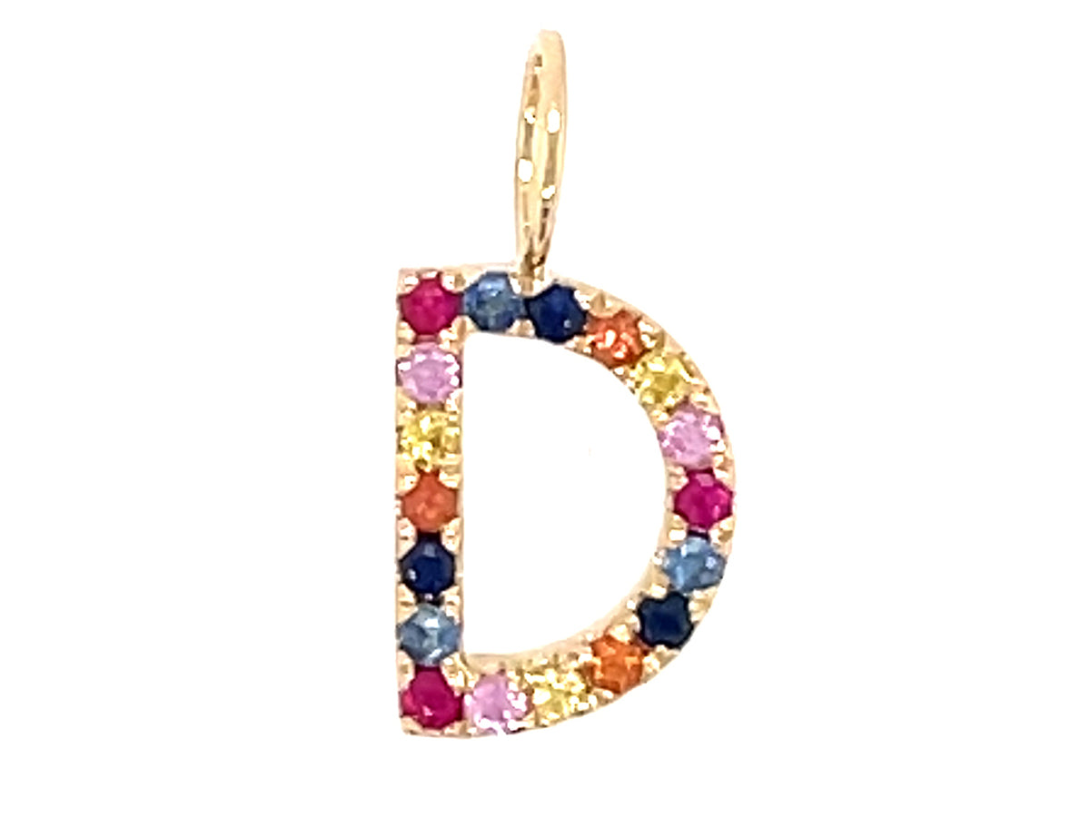 RAINBOW SAPPHIRE LETTER D PENDANT, NO CHAIN, 14KY (H/U)