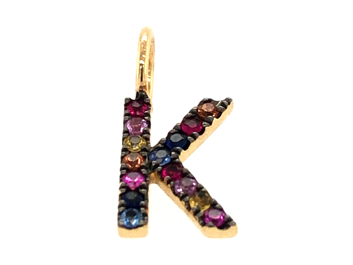 RAINBOW SAPPHIRE LETTER K  PENDANT, NO CHAIN, 14KY, BLACK RHODIUM PRONGS (H/U)