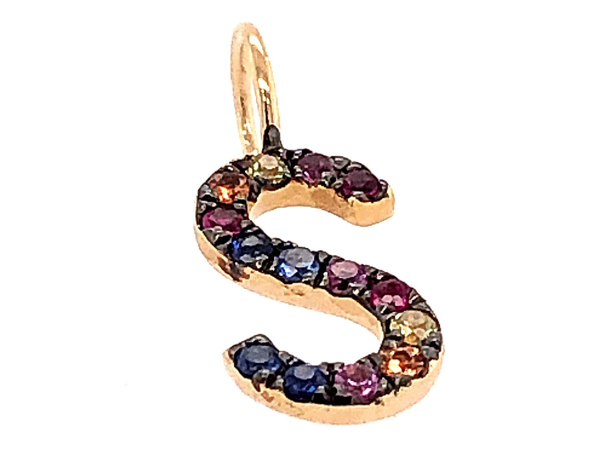 RAINBOW SAPPHIRE LETTER S PENDANT, NO CHAIN, 14KY, BLACK RHODIUM PRONGS (H/U)