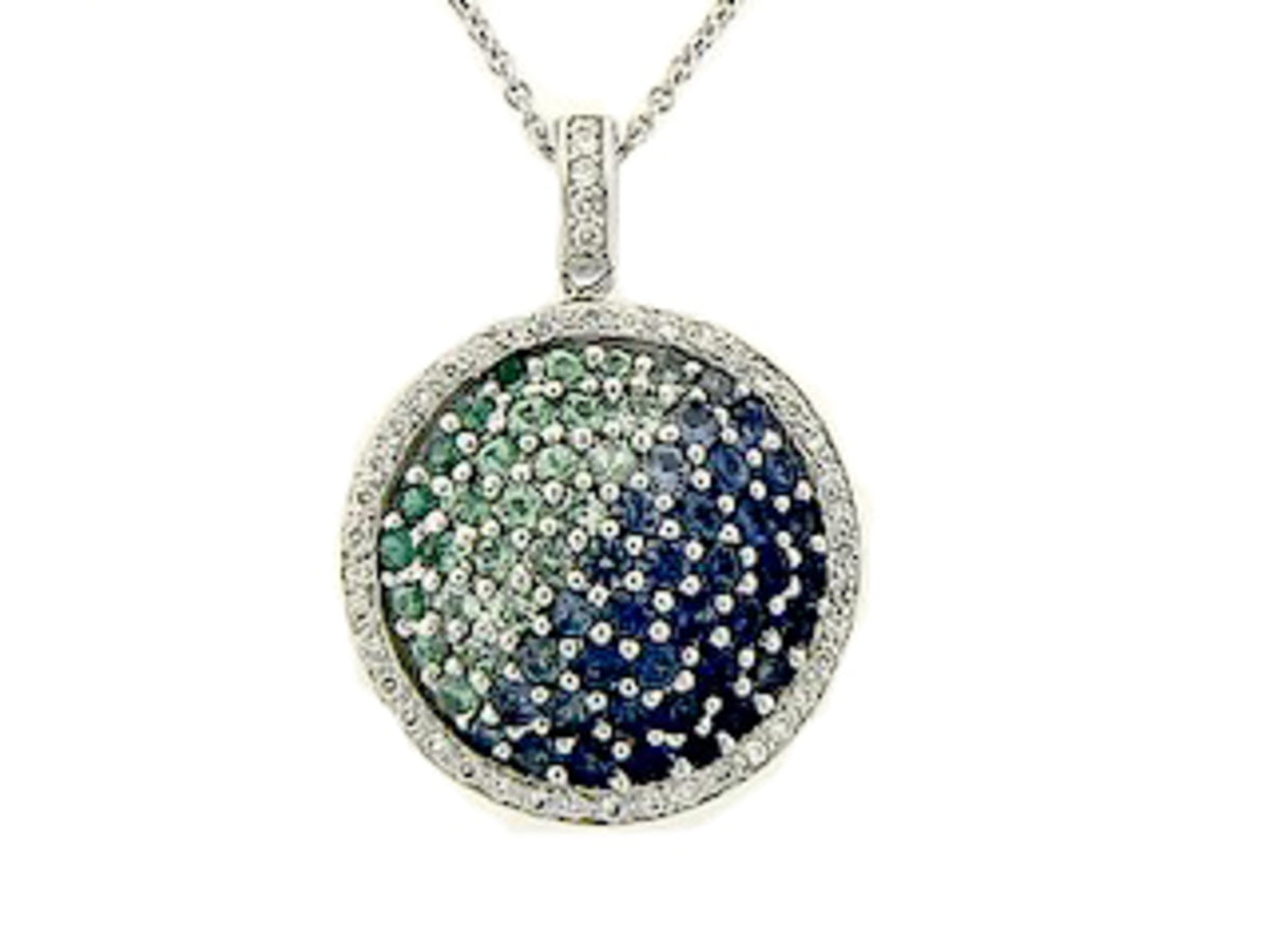 SAPPHIRE, TSAVORITE & DIAMOND PENDANT, 18KW (H)
