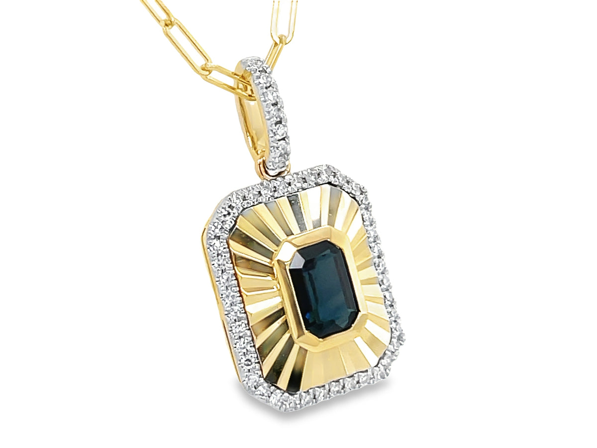 SAPPHIRE E/C & DIAMOND PLEATED TAG PENDANT, 18" PAPERCLIP CHAIN
