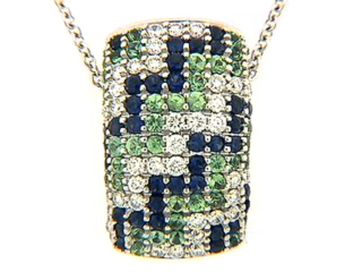 SAPPHIRE, TSAVORITE & DIAMOND PENDANT, 18KW (H)