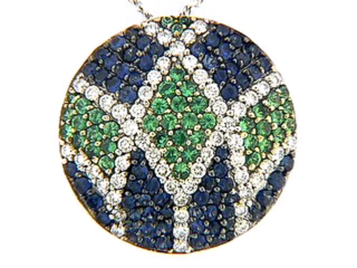 SAPPHIRE, TSAVORITE & DIAMOND PENDANT, 18KW (H)