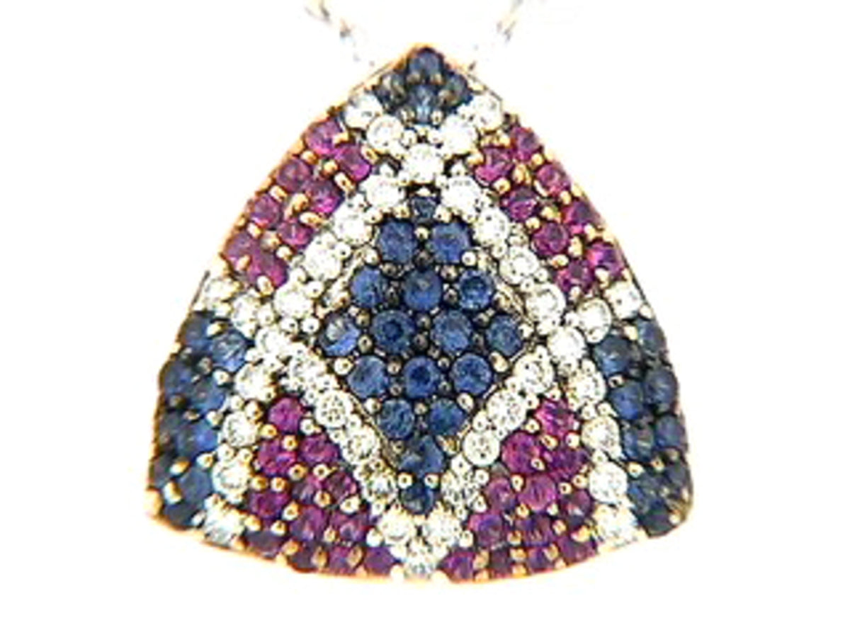 SAPPHIRE, PINK SAPPHIRE & DIAMOND PENDANT, 18KW (H)