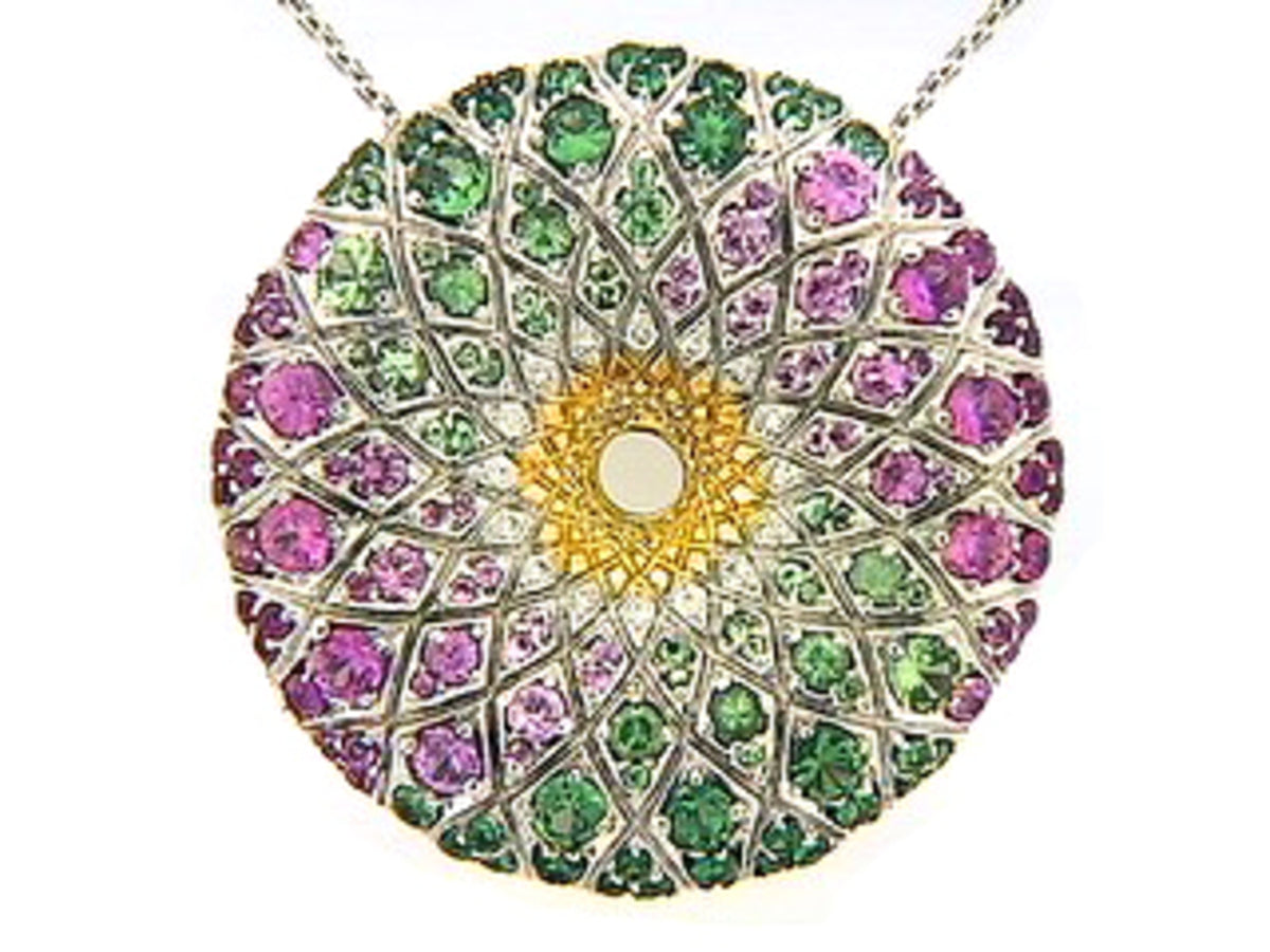 PINK SAPPHIRE, TSAVORITE & DIAMOND PENDANT
