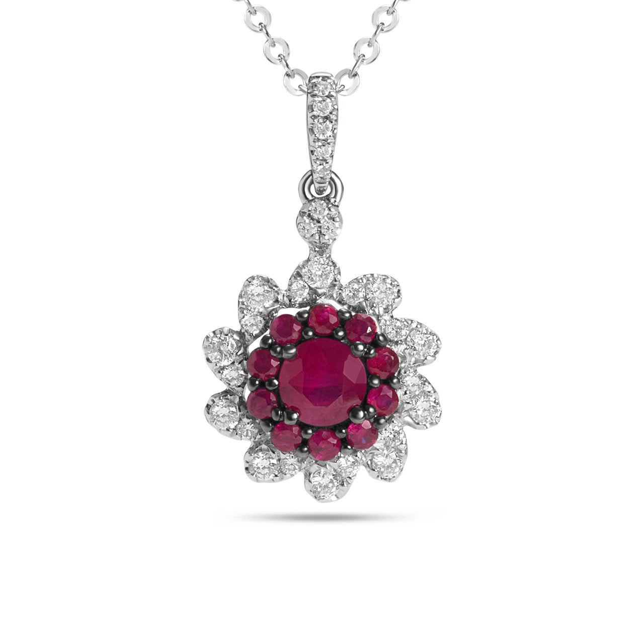 Ruby & Diamond Halo Cluster Necklace