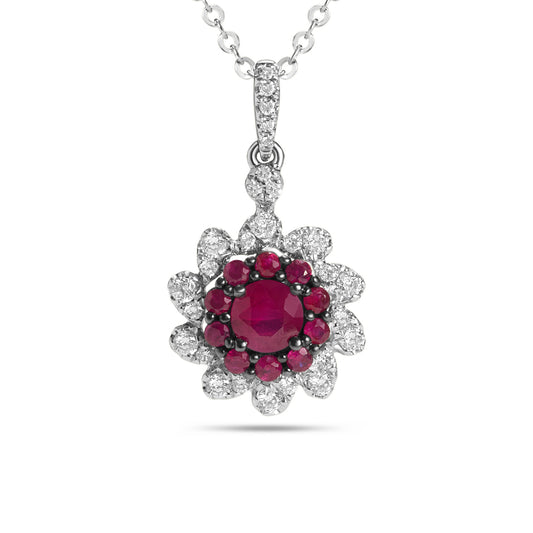 Ruby & Diamond Halo Cluster Necklace
