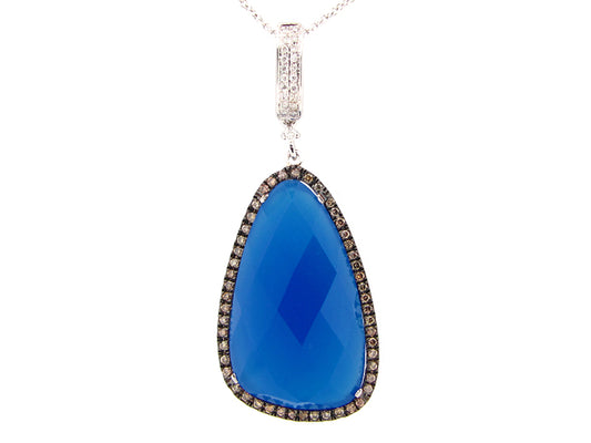 BLUE AGATE, BROWN & WHITE DIAMOND PENDANT, 14KW (D/N)