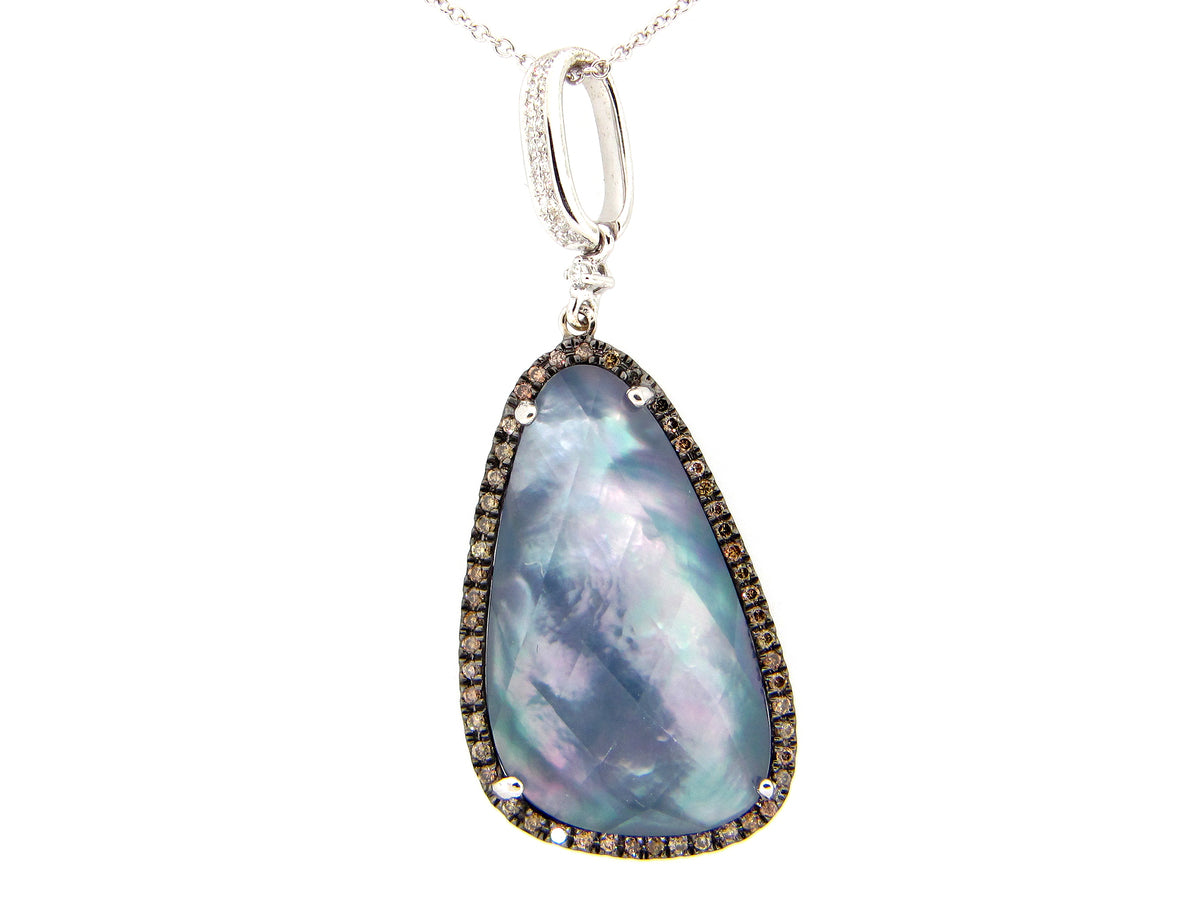 QUARTZ, SHELL & LAPIS TRIPLET, BROWN & WHITE DIAMOND PENDANT, 14KW (ASBL/N)