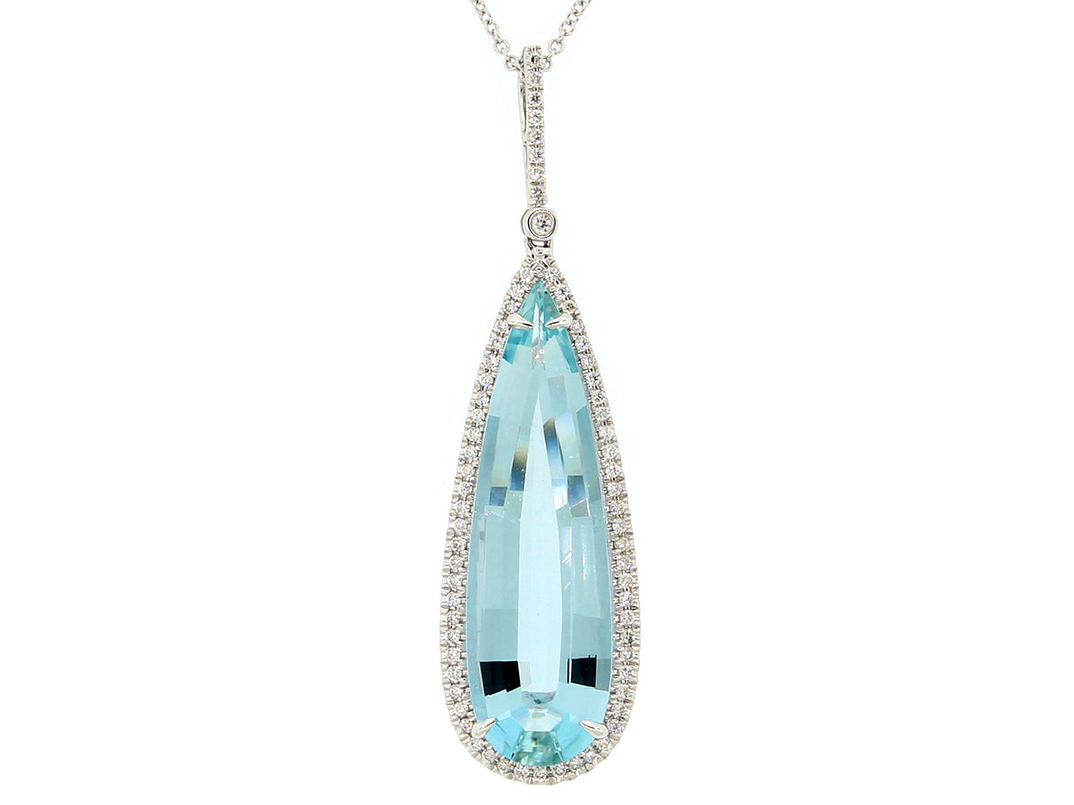 AQUAMARINE & DIAMOND PENDANT, 14KW (H)