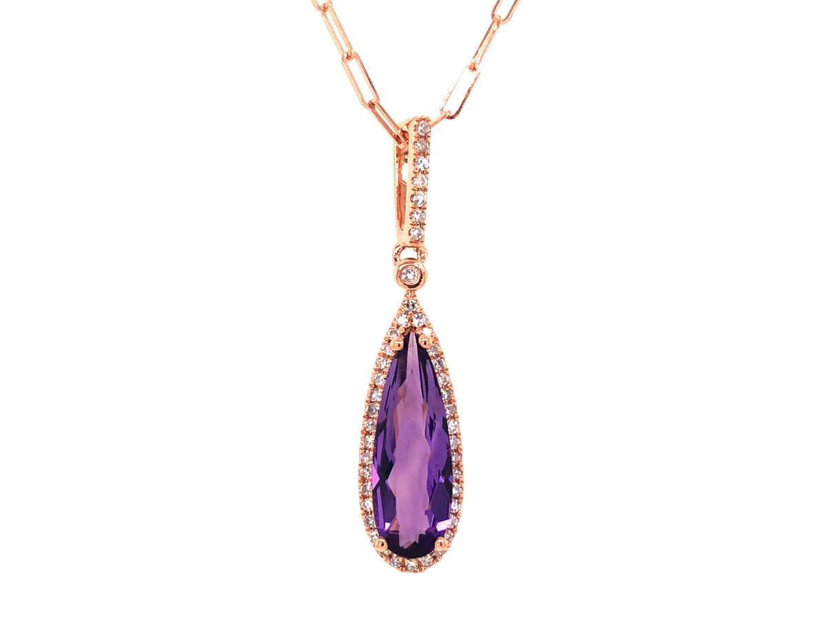 AMETHYST PEAR & DIAMOND PENDANT, 18" PAPERCLIP CHAIN
