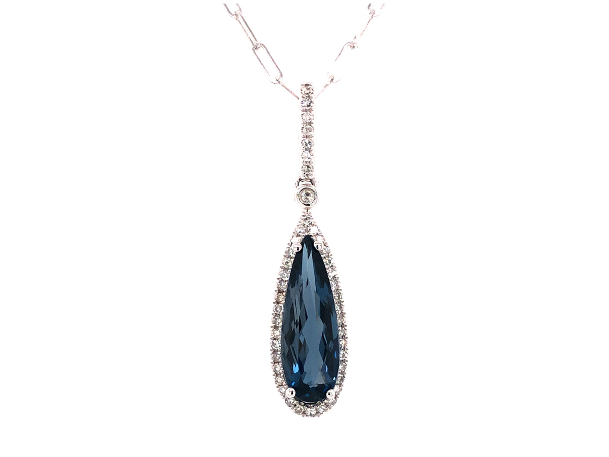 BLUE TOPAZ PEAR & DIAMOND PENDANT, 18" PAPERCLIP CHAIN