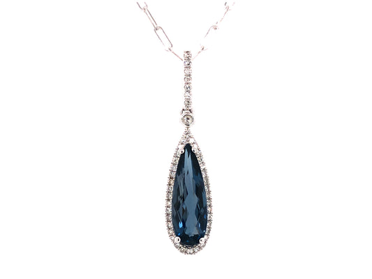 BLUE TOPAZ PEAR & DIAMOND PENDANT, 18" PAPERCLIP CHAIN