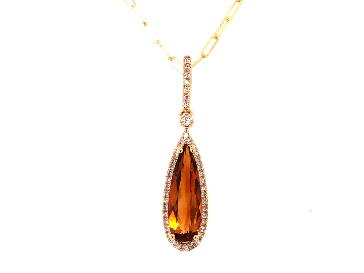 CITRINE PEAR & DIAMOND PENDANT, 18" PAPERCLIP CHAIN