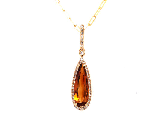 CITRINE PEAR & DIAMOND PENDANT, 18" PAPERCLIP CHAIN