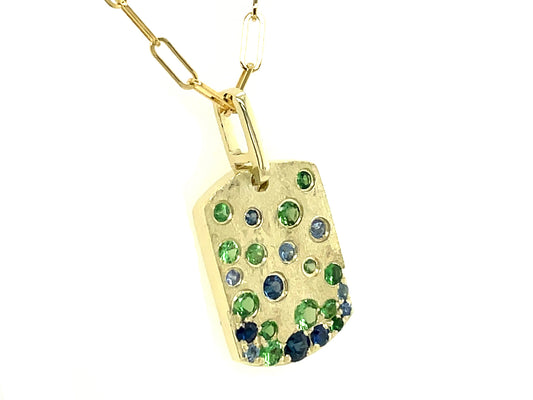 BLUE SAPPHIRE & TSAVORITE CONFETTI DOGTAG PENDANT, 10X14MM, 18" PAPERCLIP (14KY) CHAIN