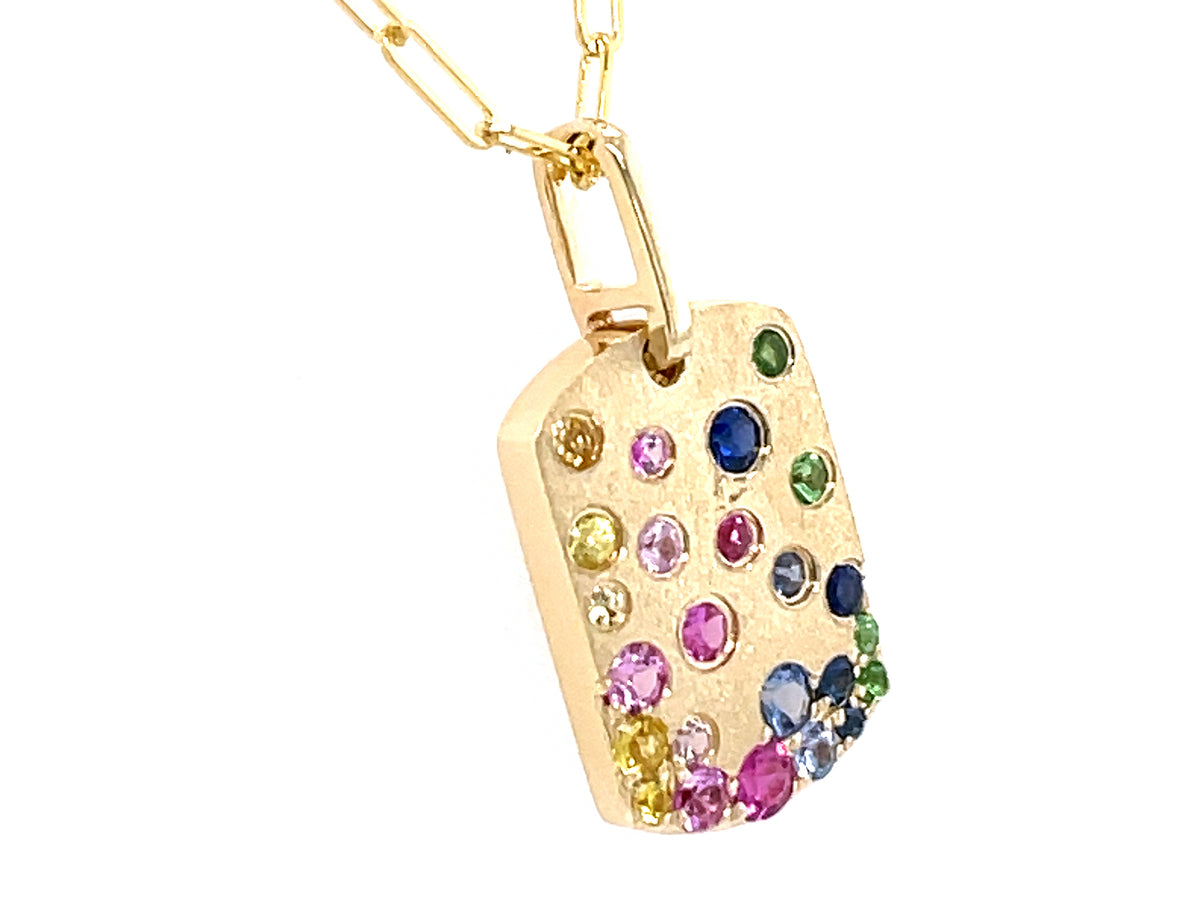 RAINBOW SAPPHIRE(H) TSAVORITE (N) CONFETTI DOGTAG PENDANT,10X14MM, 18" PAPERCLIP CHAIN, SATIN FINISH, 14KY (H/N)