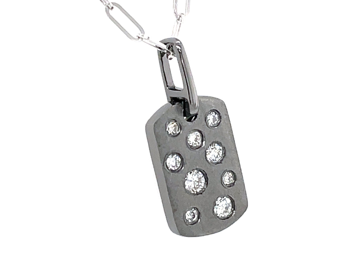 DIAMOND FLUSH SET DOG TAG PENDANT, 8X12MM, 18" PAPERCLIP CHAIN, SATIN FINISH