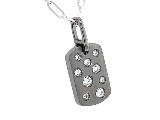 DIAMOND FLUSH SET DOG TAG PENDANT, 8X12MM, 18" PAPERCLIP CHAIN, SATIN FINISH