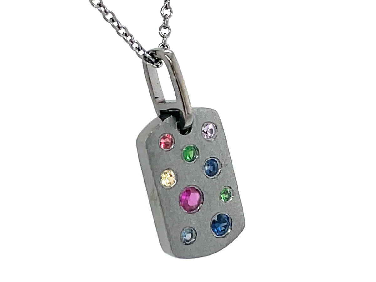 RAINBOW SAPPHIRE, TSAVORITE & RUBY DOG TAG PENDANT, 18"/16" CHAIN, SATIN FINISH