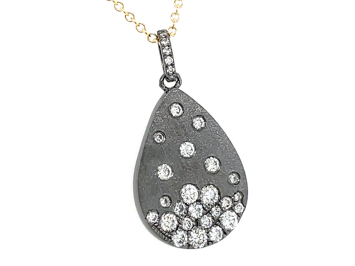 DIAMOND FLUSH SET PEAR PENDANT NECKLACE, 18"/16", SATIN FINISH, 14K BLACK FINISH/YELLOW CHAIN (N)