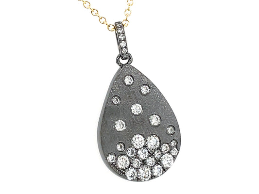 DIAMOND FLUSH SET PEAR PENDANT NECKLACE, 18"/16", SATIN FINISH, 14K BLACK FINISH/YELLOW CHAIN (N)