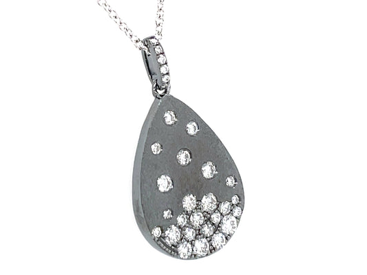 DIAMOND FLUSH SET PEAR PENDANT NECKLACE, 18"/16", SATIN FINISH, 14K BLACK FINISH/WHITE CHAIN (N)