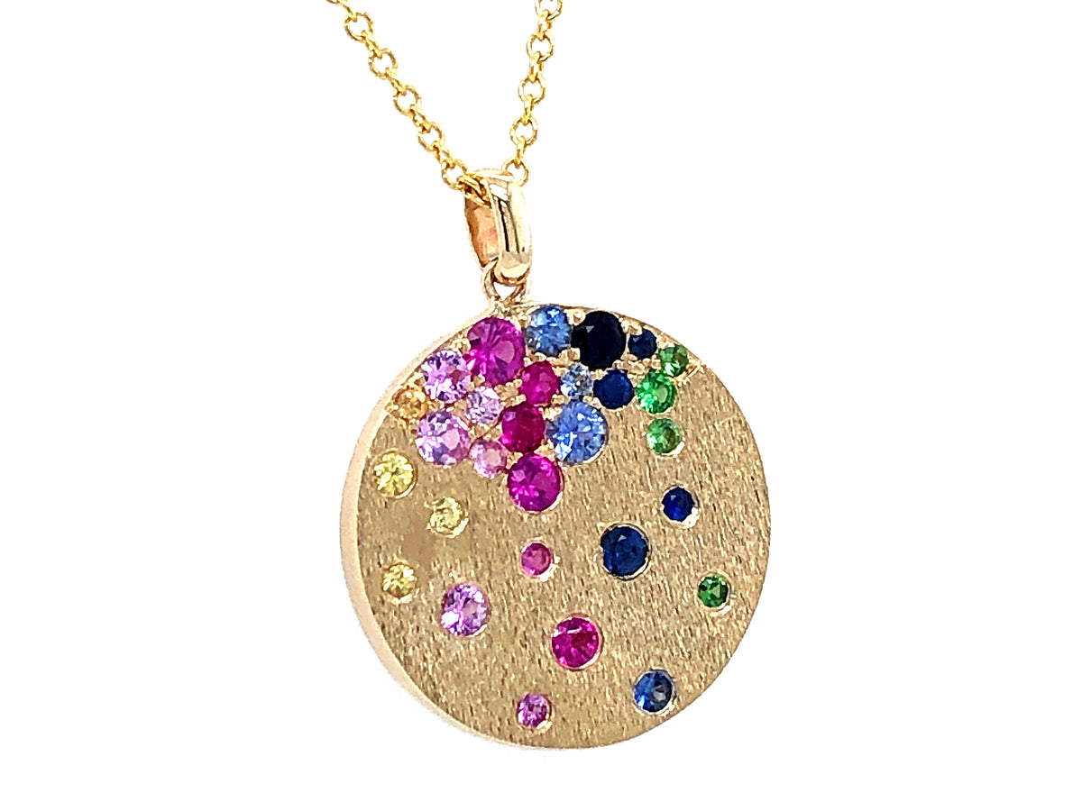 RAINBOW SAPPHIRE, RUBY (H) & TSAVORITE (N) DISC PENDANT, 18"/16", SATIN FINISH,14KY
