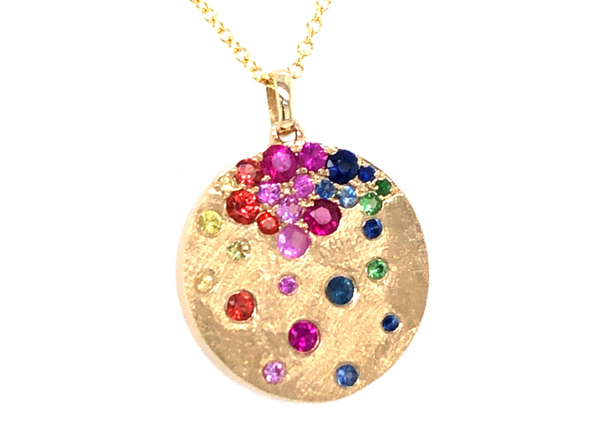 RAINBOW SAPPHIRE, RUBY (H/U) & TSAVORITE (N) DISC PENDANT,18"/16",  SATIN FINISH,14KY