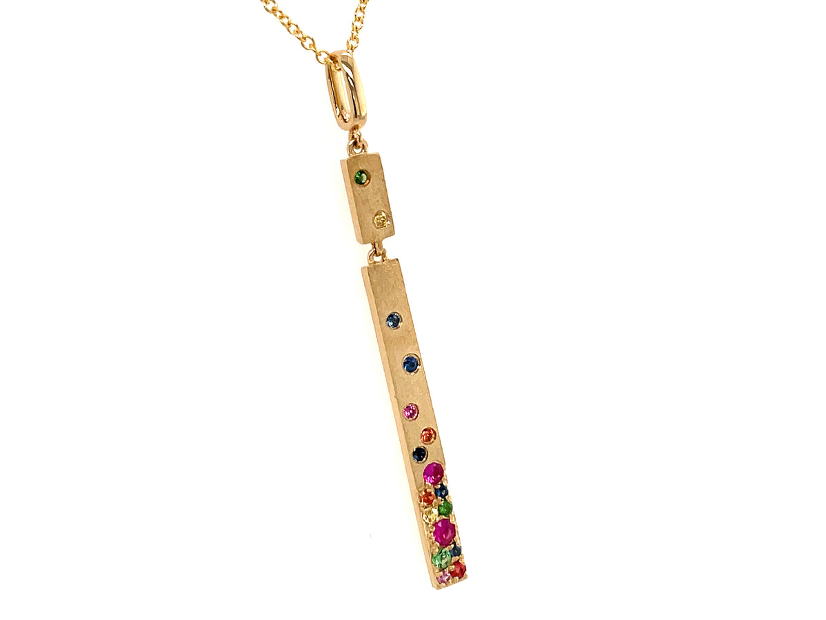 RAINBOW SAPPHIRE (H/U) , RUBY (H), & TSAVORITE (N)  BAR PENDANT,18"/16",SATIN FINISH