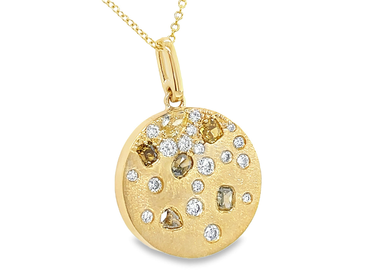 NATURAL FANCY COLOR & WHITE DIAMOND DISC PENDANT, SATIN FINISH