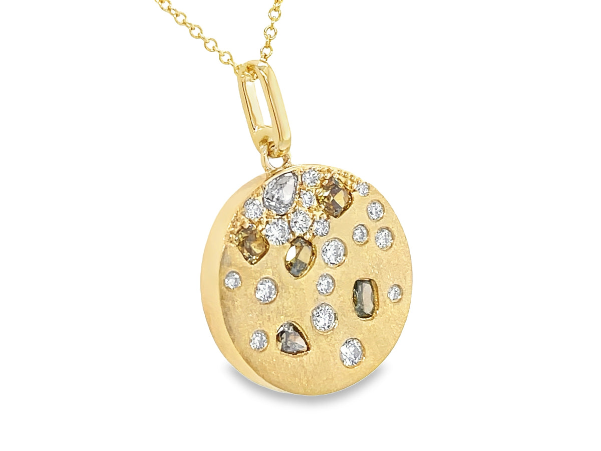 NATURAL FANCY COLOR & WHITE DIAMOND DISC PENDANT, SATIN FINISH