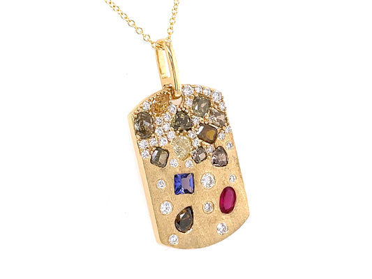 NATURAL FANCY COLOR DIAMOND, TANZANITE, RUBY  & DIAMOND PENDANT, SATIN FINISH