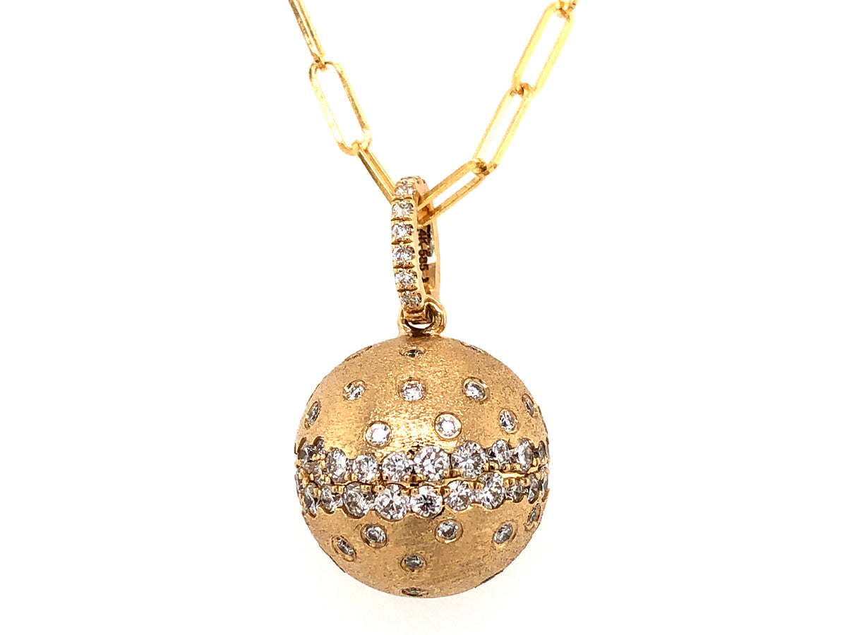 DIAMOND FLUSH SET BALL PENDANT, 15MM BALL, 18" PAPERCLIP CHAIN, SATIN FINISH, 14KY (N)