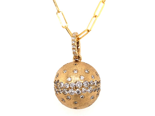 DIAMOND FLUSH SET BALL PENDANT, 15MM BALL, 18" PAPERCLIP CHAIN, SATIN FINISH, 14KY (N)
