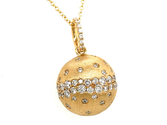 DIAMOND FLUSH SET BALL PENDANT, 15MM BALL, 18" CHAIN, SATIN FINISH, 14KY (N)