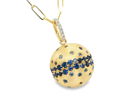 BLUE SAPPHIRE & DIAMOND BALL PENDANT, 15MM BALL, 18" PAPERCLIP CHAIN, SATIN FINISH